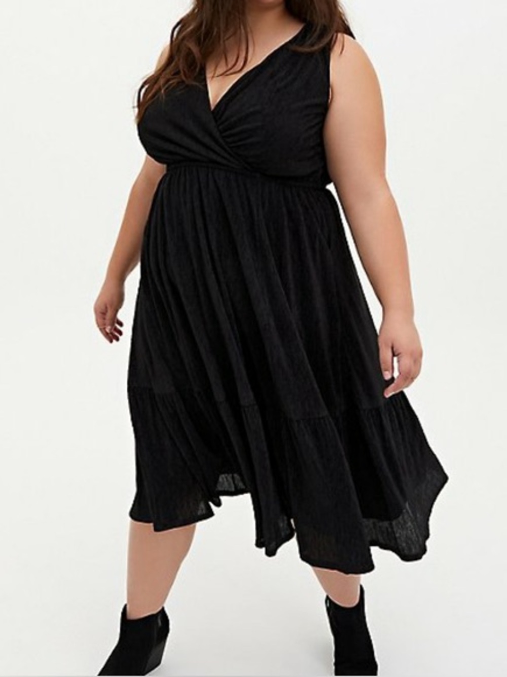 Torrid Black Midi Dress Size 1 Sleeveless Faux Wrap V Neck Textured
